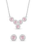 Pink Cluster 925 sterling silver pendant necklace and stud earrings jewellery set with pink cubic zirconia by Silvme â€” styled view