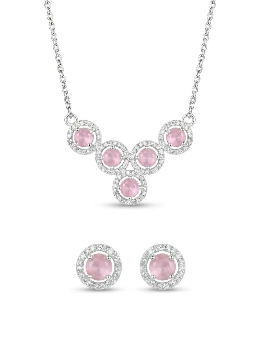 Pink Cluster 925 sterling silver pendant necklace and stud earrings jewellery set with pink cubic zirconia by Silvme â€” styled view