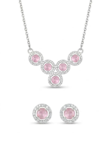 Pink Cluster 925 sterling silver pendant necklace and stud earrings jewellery set with pink cubic zirconia by Silvme â€” styled view