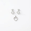 Silvme pure 925 sterling silver dainty heart pendant and stud earrings set with cubic zirconia, front view on white background