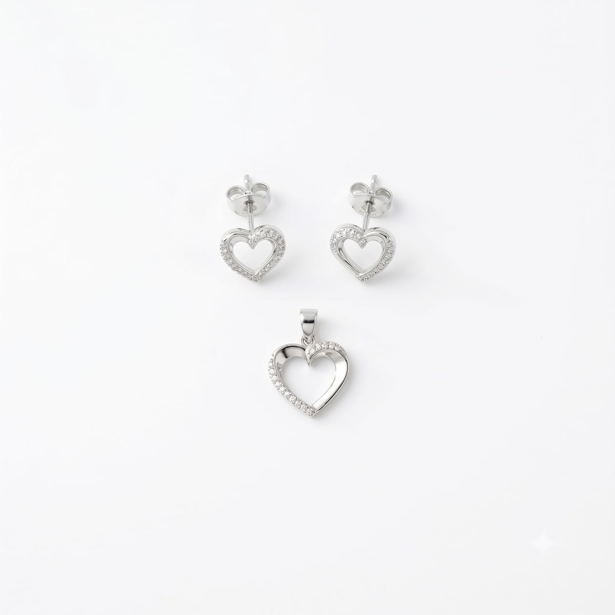 Silvme pure 925 sterling silver dainty heart pendant and stud earrings set with cubic zirconia, front view on white background