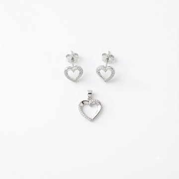 Silvme pure 925 sterling silver dainty heart pendant and stud earrings set with cubic zirconia, front view on white background