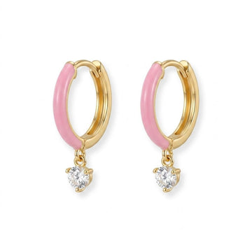 Silvme 925 Sterling Silver Pink Enamel Hoop Earrings with CZ Drop for women - white-background product photo of silver bali hoop earrings