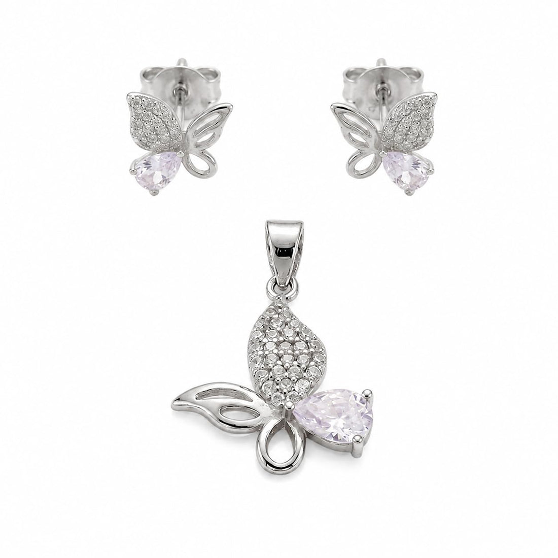 Silvme pure 925 sterling silver pink butterfly pendant and stud earrings set with pink cubic zirconia, front view on white background
