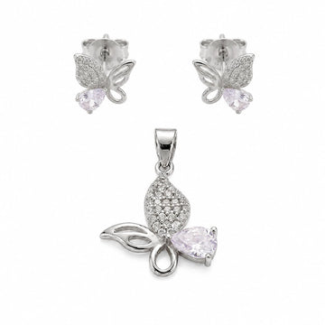 Silvme pure 925 sterling silver pink butterfly pendant and stud earrings set with pink cubic zirconia, front view on white background