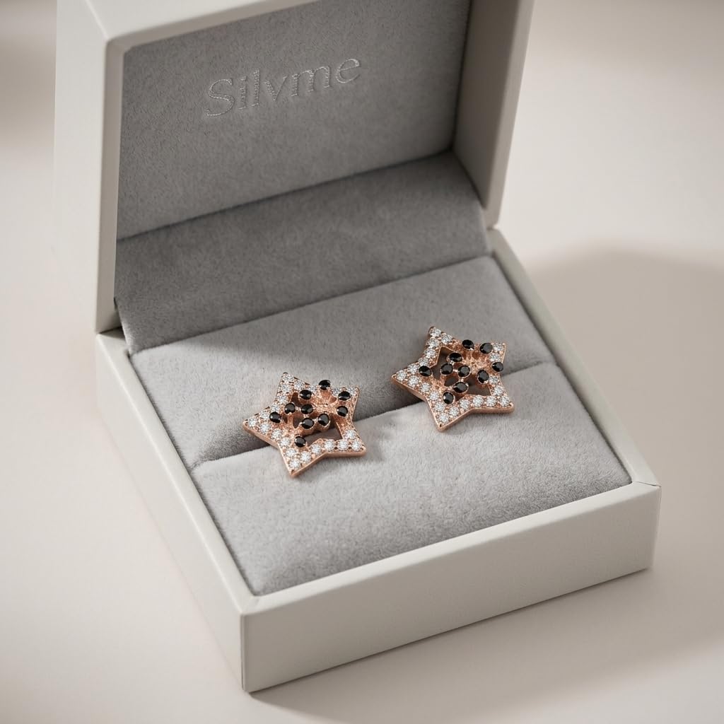 Rose-Gold-Tone Star Stud Earrings with Dark Accents, additional product view 4