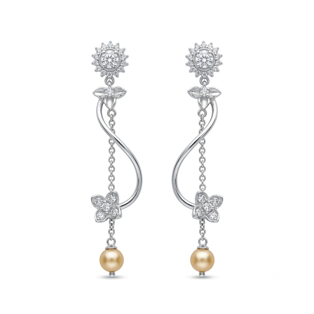 Sunflower Stone-Set Pearl-Look Accent Tassel Drop Earrings, front product view