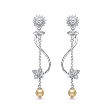 Sunflower Stone-Set Pearl-Look Accent Tassel Drop Earrings, front product view