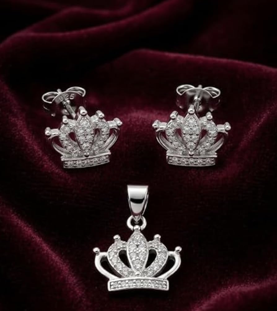 Silvme pure 925 sterling silver crown pendant and stud earrings set with cubic zirconia, front view on white background