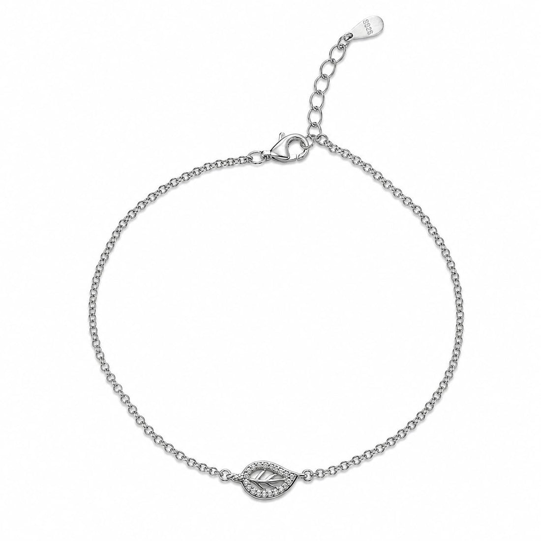 Silvme 925 sterling silver Leaf Charm anklet, on a plain white background, full view