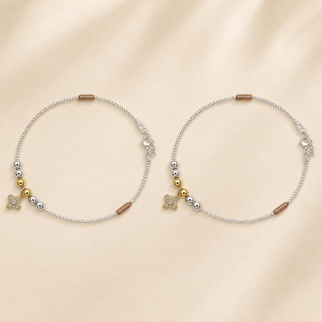 Silvme 925 sterling silver delicate square CZ charm anklet with a dainty square CZ charm on a fine chain, white background full view