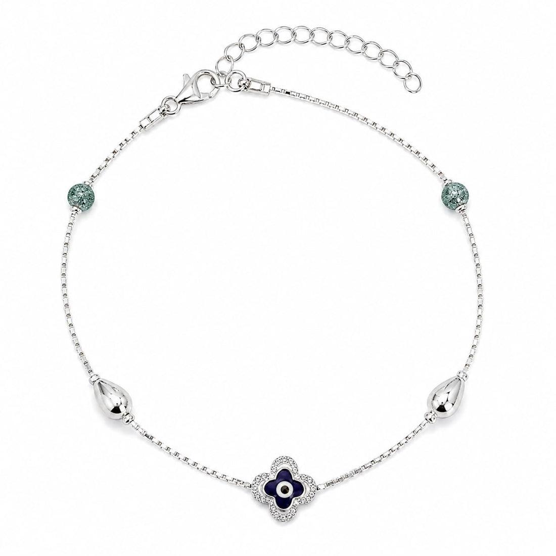 Silvme 925 sterling silver clover evil eye & green stone anklet with green stones and a clover evil-eye motif, white background full view