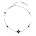 Silvme 925 sterling silver clover evil eye & green stone anklet with green stones and a clover evil-eye motif, white background full view
