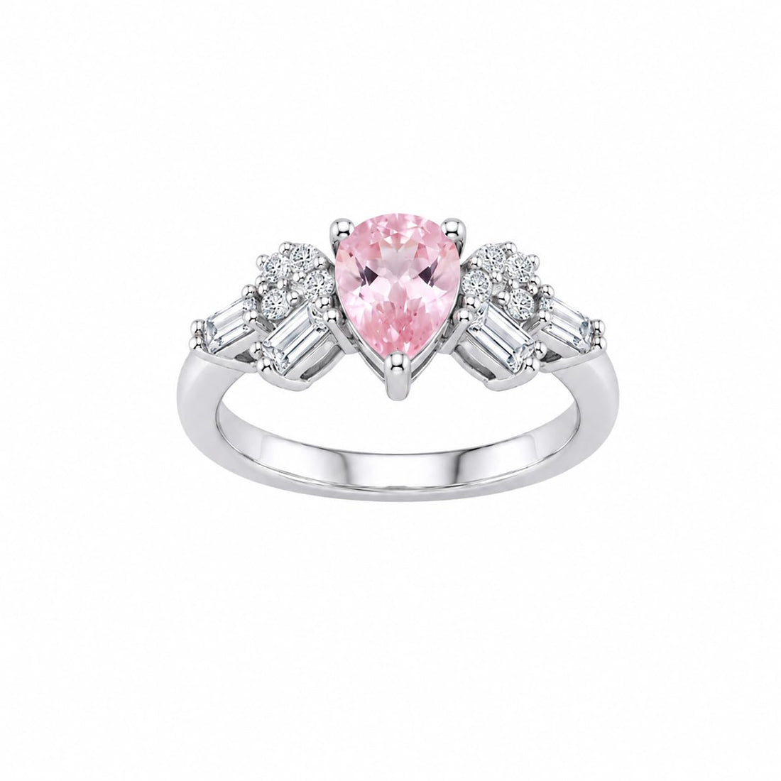 Silvme Art Deco Pear Pink 925 sterling silver ring for women set with cubic zirconia — front view on white background