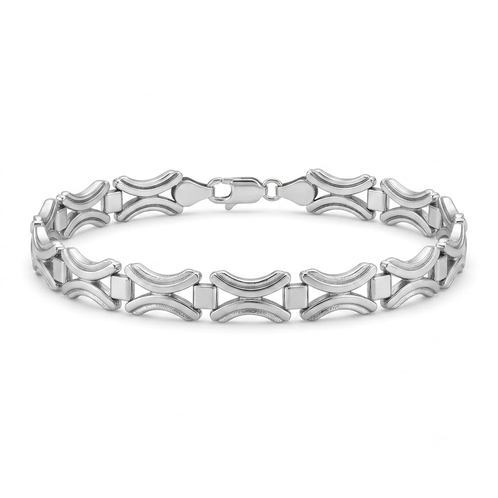 Silvme 925 sterling silver open arc link bracelet for men shaped into an oval on a white background