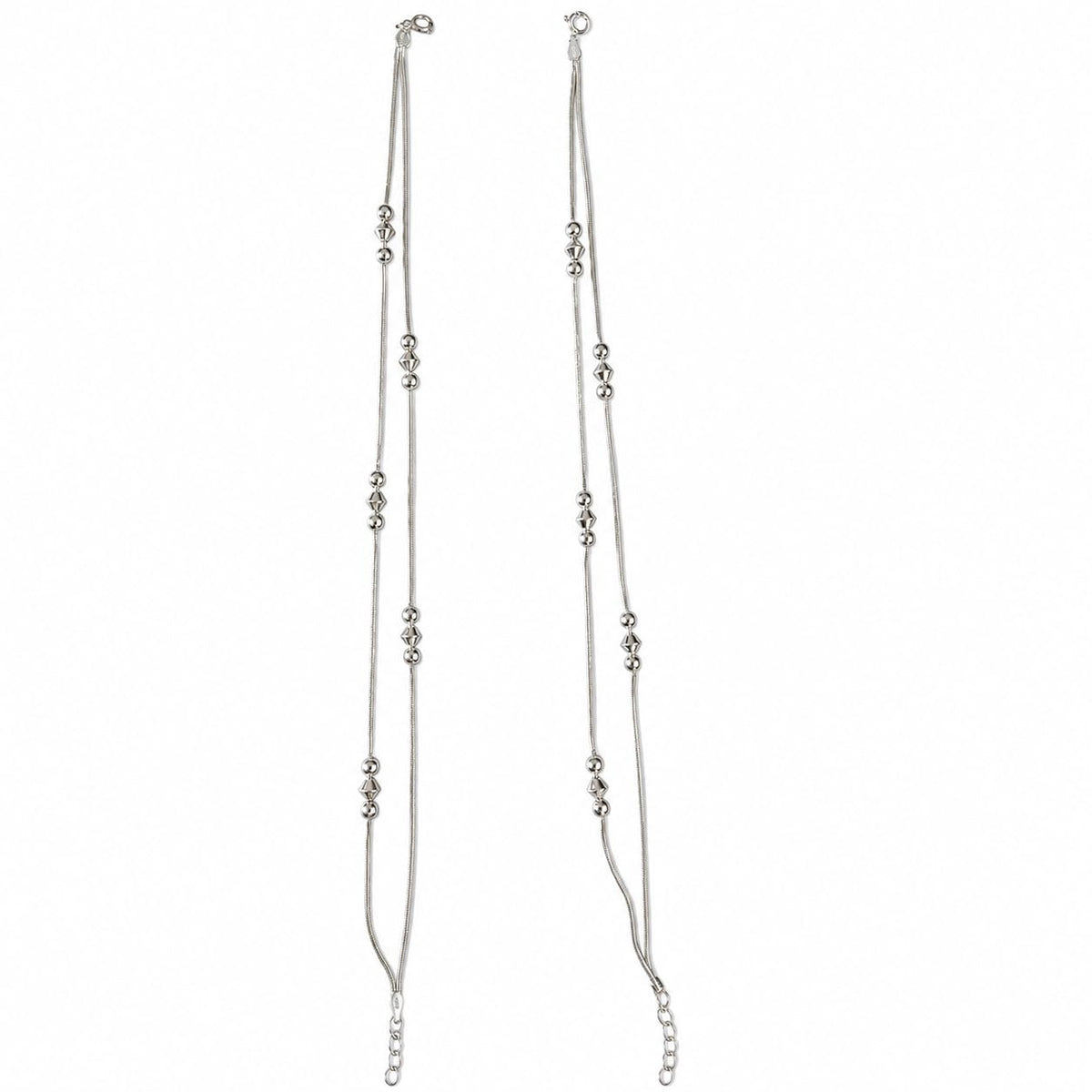 Silvme 925 sterling silver minimal beaded chain anklet with delicate silver station beads in a minimalist chain, white background full view