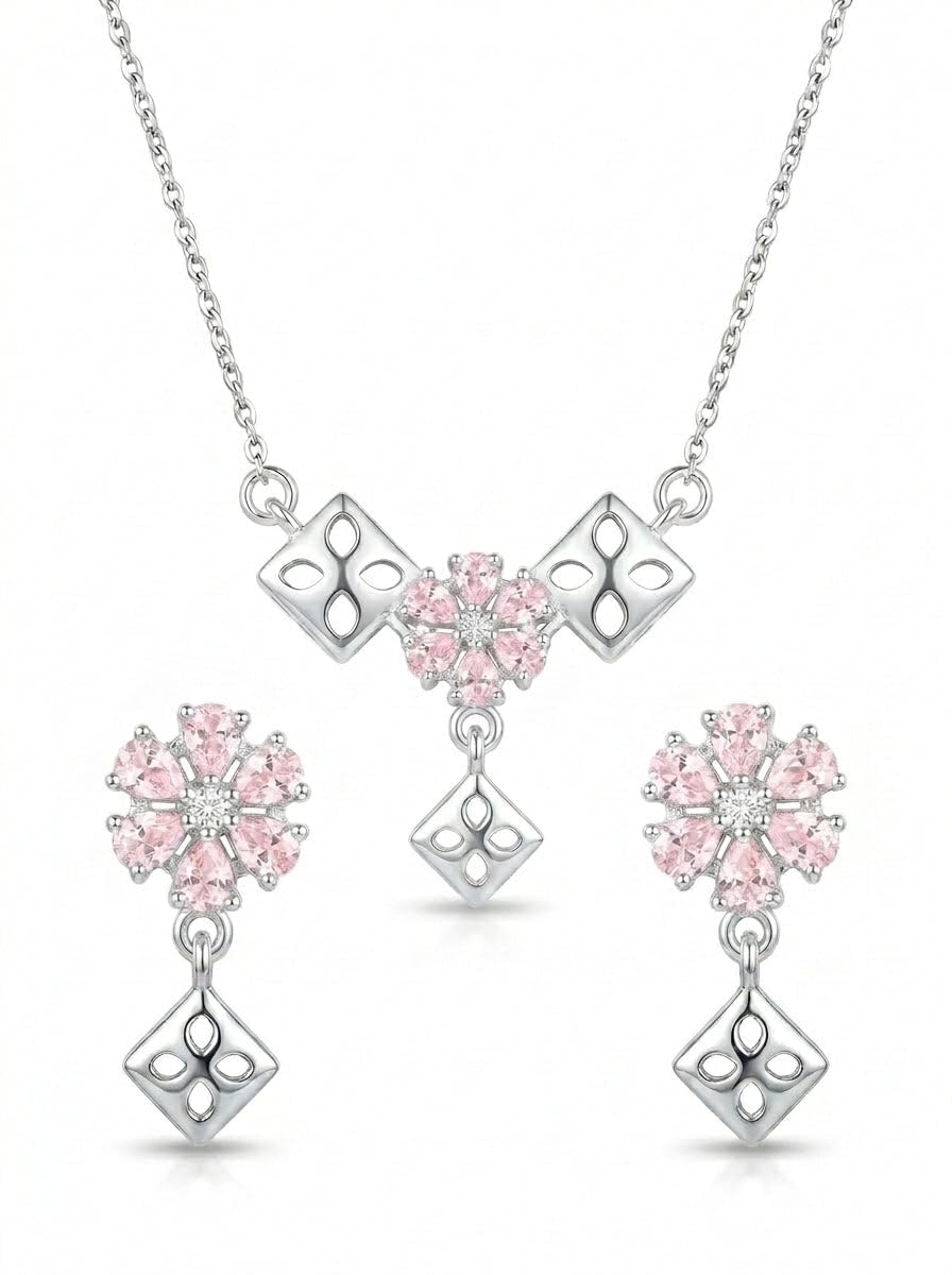 Silvme pure 925 sterling silver geometric pink pendant necklace and stud earrings set with pink cubic zirconia, chain and pendant view