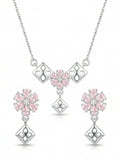 Silvme pure 925 sterling silver geometric pink pendant necklace and stud earrings set with pink cubic zirconia, chain and pendant view