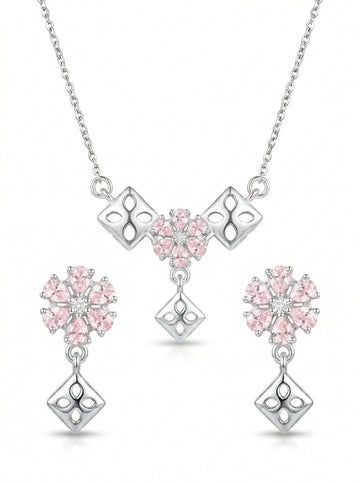 Silvme pure 925 sterling silver geometric pink pendant necklace and stud earrings set with pink cubic zirconia, chain and pendant view