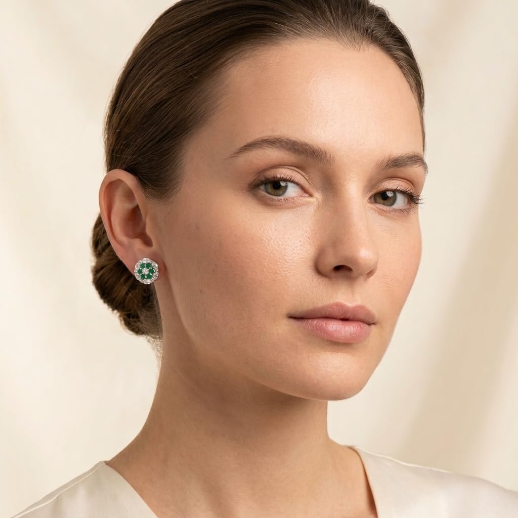 Green Floral Cluster Dome 925 silver stud earrings for women, festive gift, shown as a matching pair
