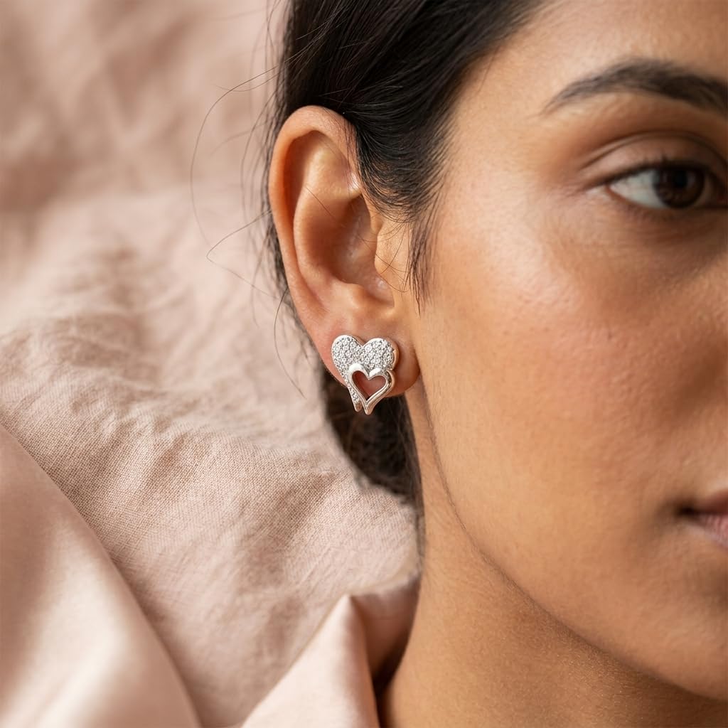 Double Heart 925 silver stud earrings for women, anniversary gift, shown as a matching pair