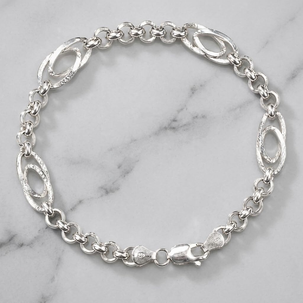 Silvme 925 sterling silver oval station rolo bracelet for men shaped into an oval on a white background