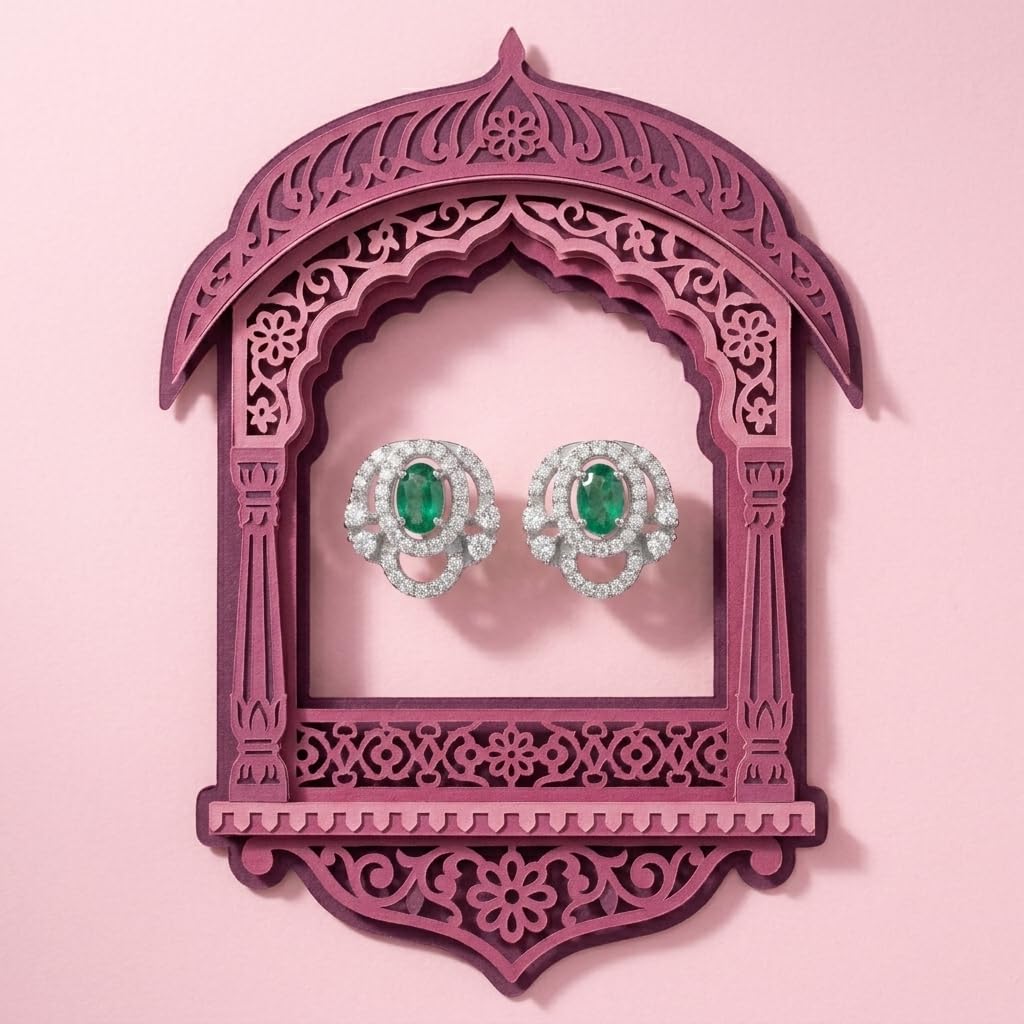 Green Oval Halo Stone-Set Stud Earrings, additional product view 5