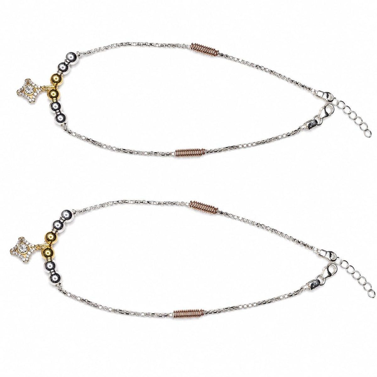 Silvme 925 sterling silver tri-tone bead & rose-gold CZ charm anklet, white background full view