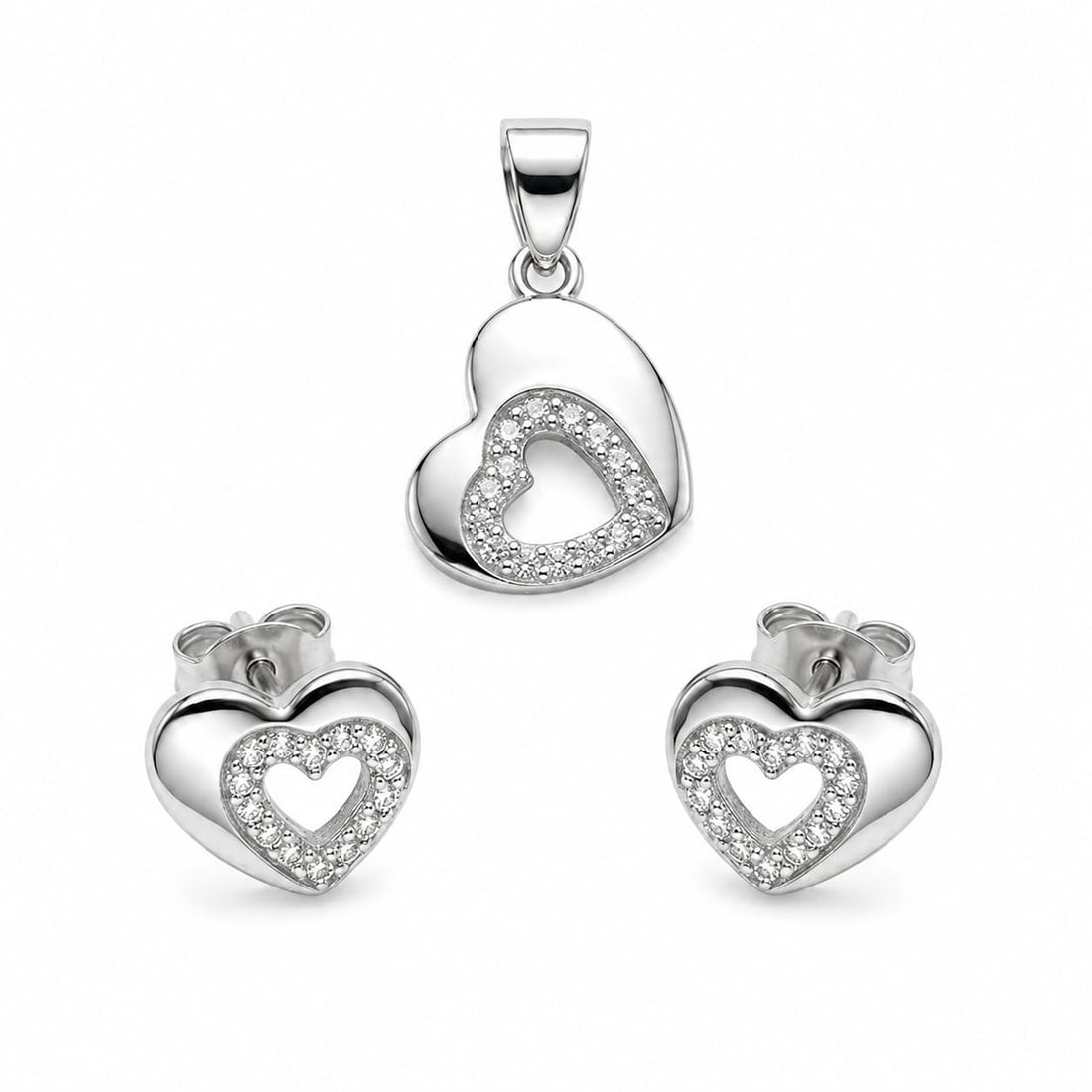 Silvme pure 925 sterling silver open heart pendant and stud earrings set with cubic zirconia, front view on white background