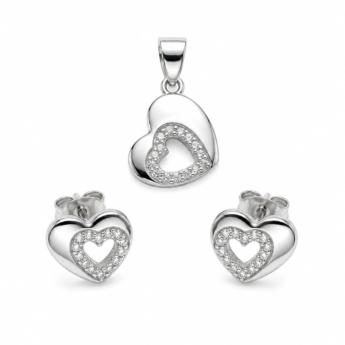 Silvme pure 925 sterling silver open heart pendant and stud earrings set with cubic zirconia, front view on white background