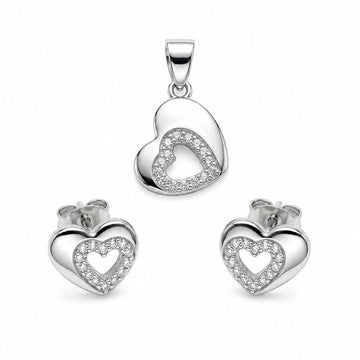 Silvme pure 925 sterling silver open heart pendant and stud earrings set with cubic zirconia, front view on white background