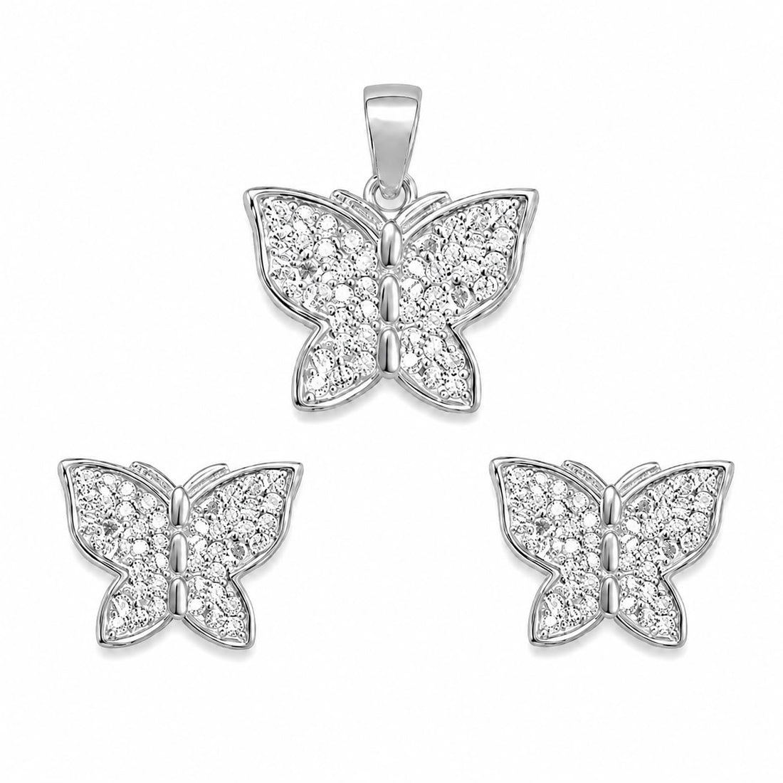 Silvme pure 925 sterling silver butterfly pendant and stud earrings set with cubic zirconia, front view on white background