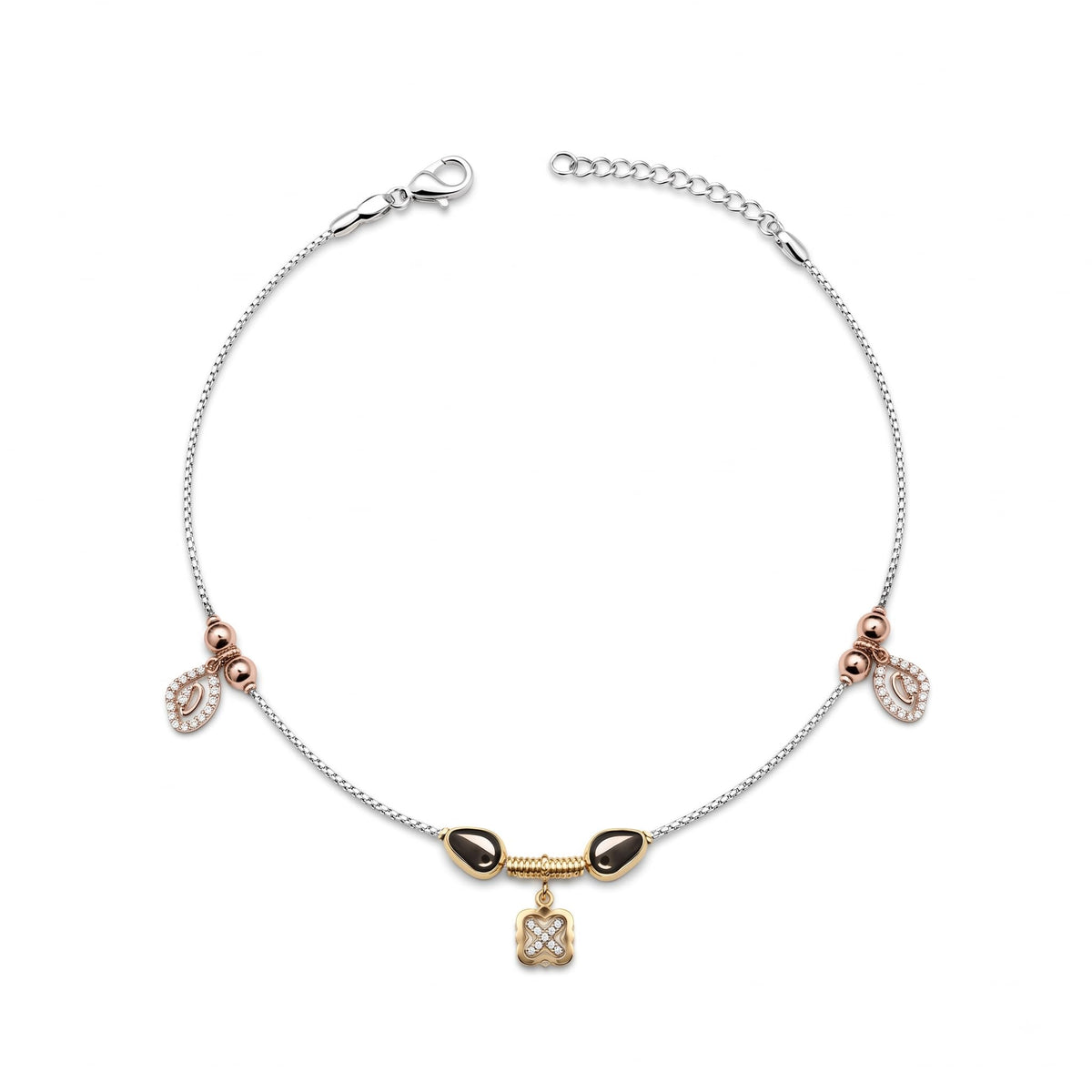 Clasp and adjustable extension-chain detail of the Silvme rose-gold CZ leaf & square charm silver anklet