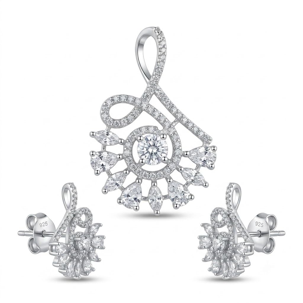 Silvme 925 silver peacock fan pendant and drop earrings with cubic zirconia, matching earrings close-up