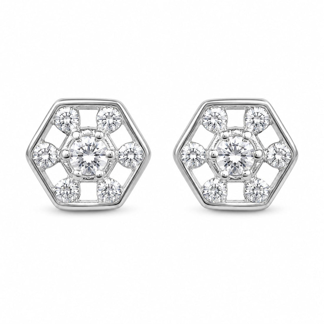 Hexagonal 925 silver stud earrings for women, office wear gift, shown as a matching pair