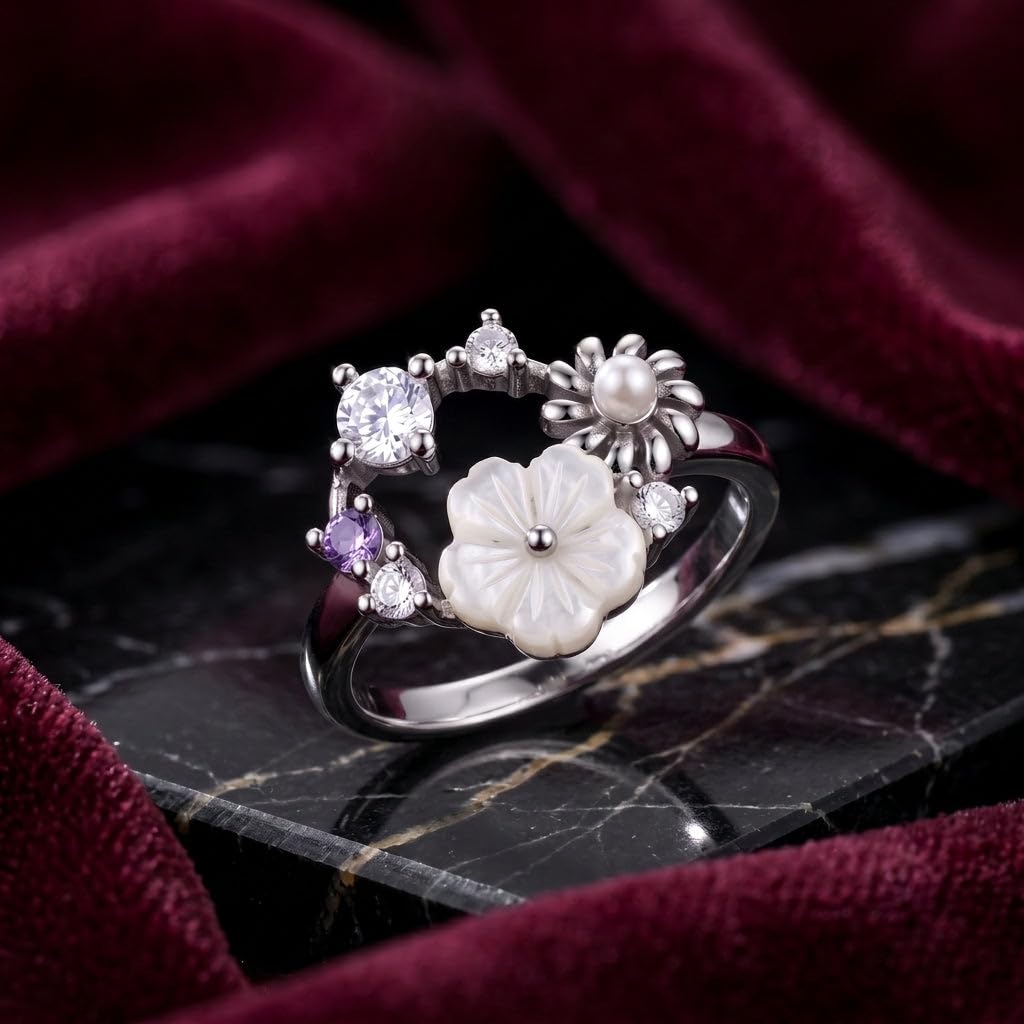 Silvme Pearlescent Garden Wreath 925 sterling silver ring for women with a pearl-effect accent — angled view