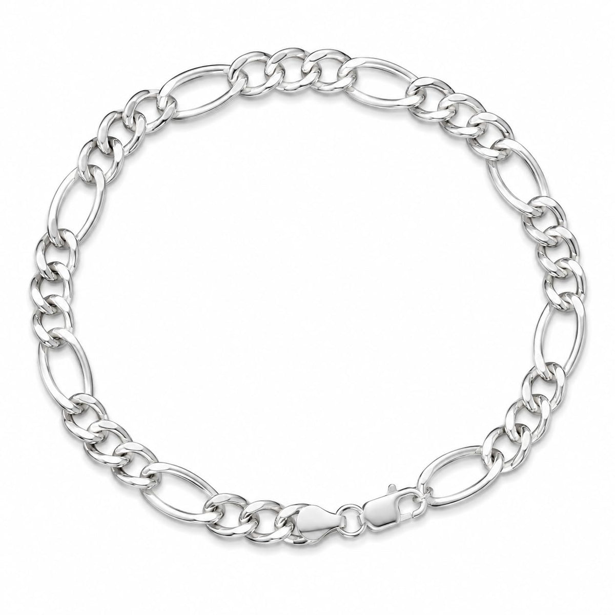 Silvme 925 sterling silver figaro chain bracelet for men shaped into an oval on a white background