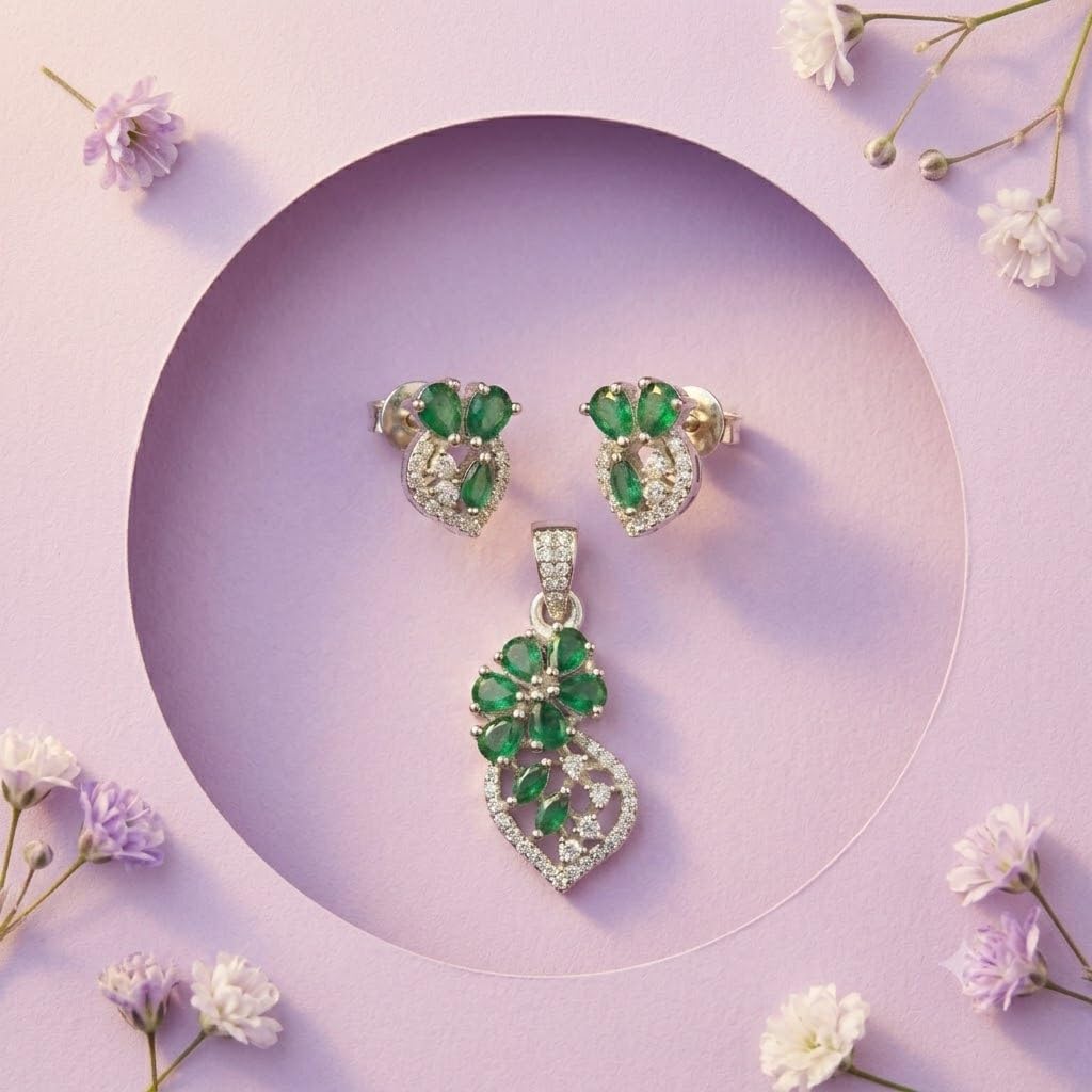 Silvme pure 925 sterling silver green floral pendant and stud earrings set with green cubic zirconia, front view on white background