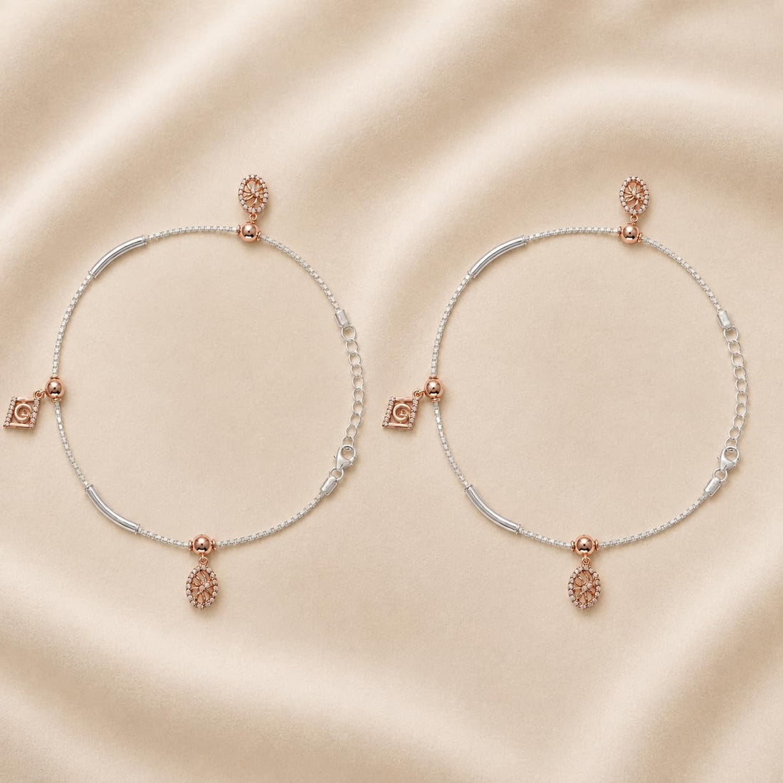 Silvme 925 sterling silver rose-gold CZ charm anklet with a rose-gold square CZ and an oval CZ drop, white background full view