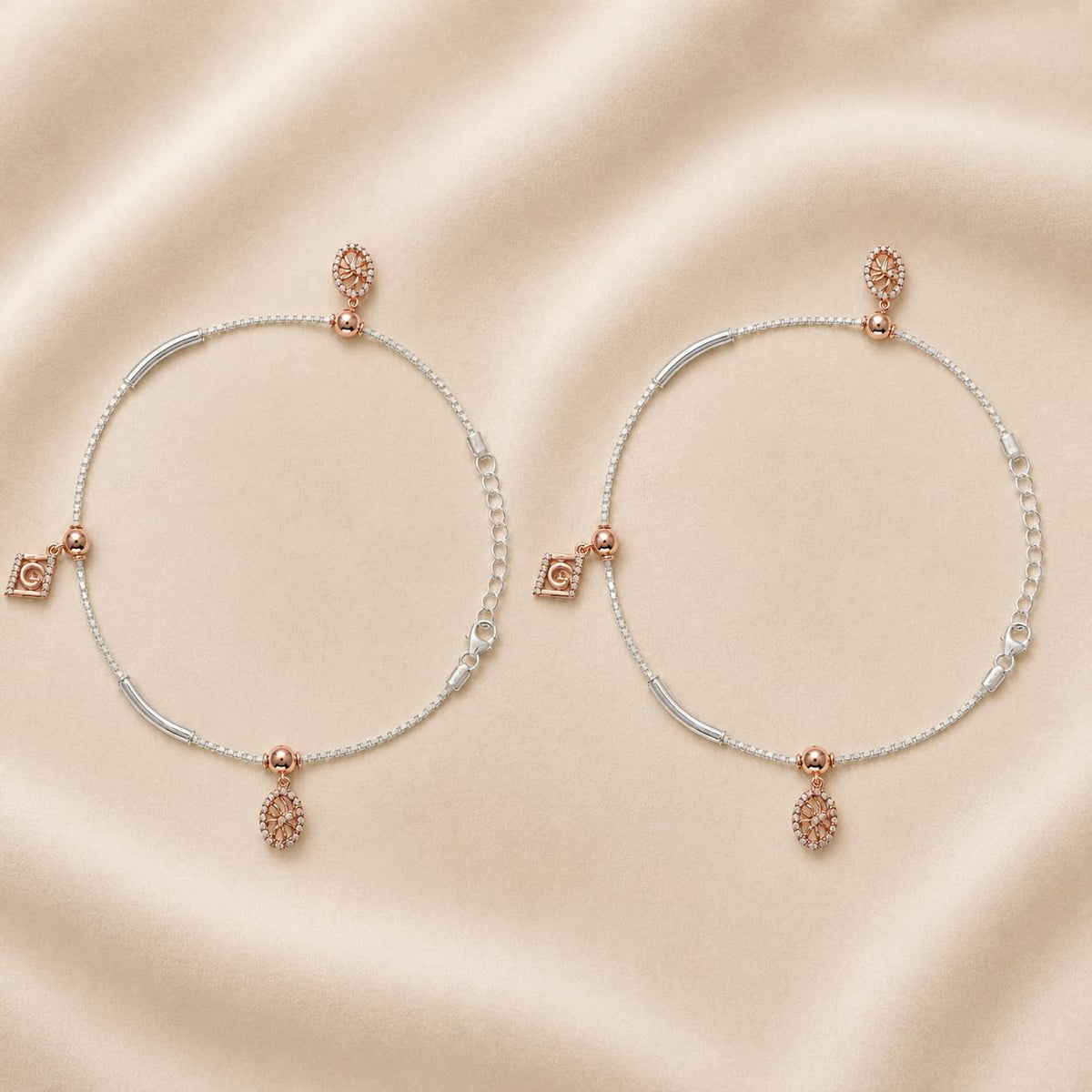 Silvme rose-gold CZ charm 925 silver anklet with a rose-gold square CZ and an oval CZ drop, full-length view