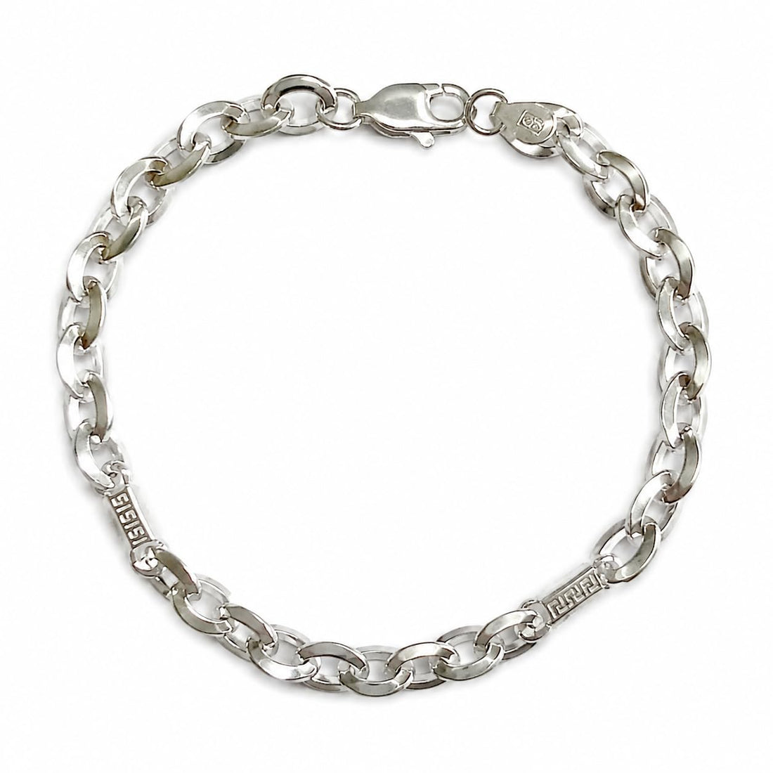 Silvme 925 sterling silver greek key mariner bracelet for men shaped into an oval on a white background