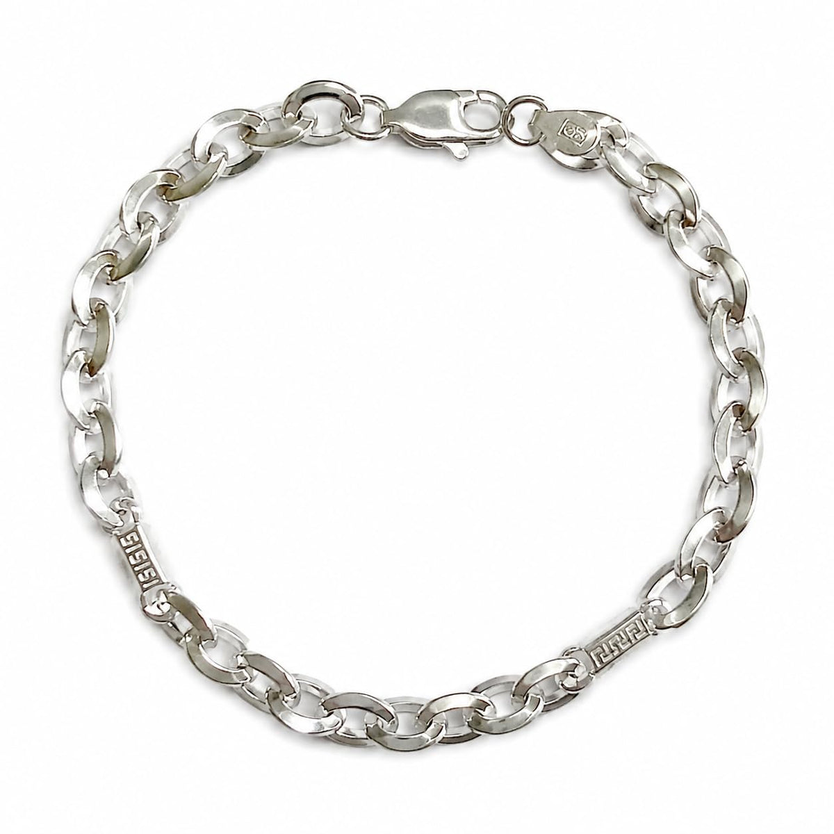 Silvme 925 sterling silver greek key mariner bracelet for men shaped into an oval on a white background