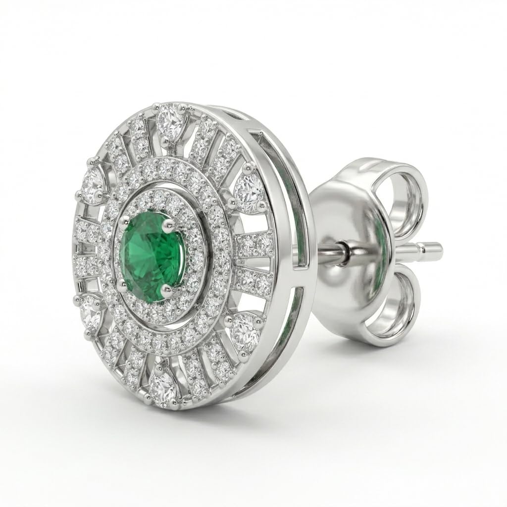 Green Round Halo Stone-Set Stud Earrings, front product view