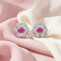 SILVME Cat & Heart Red Colour-Block Stone-Set Stud Earrings