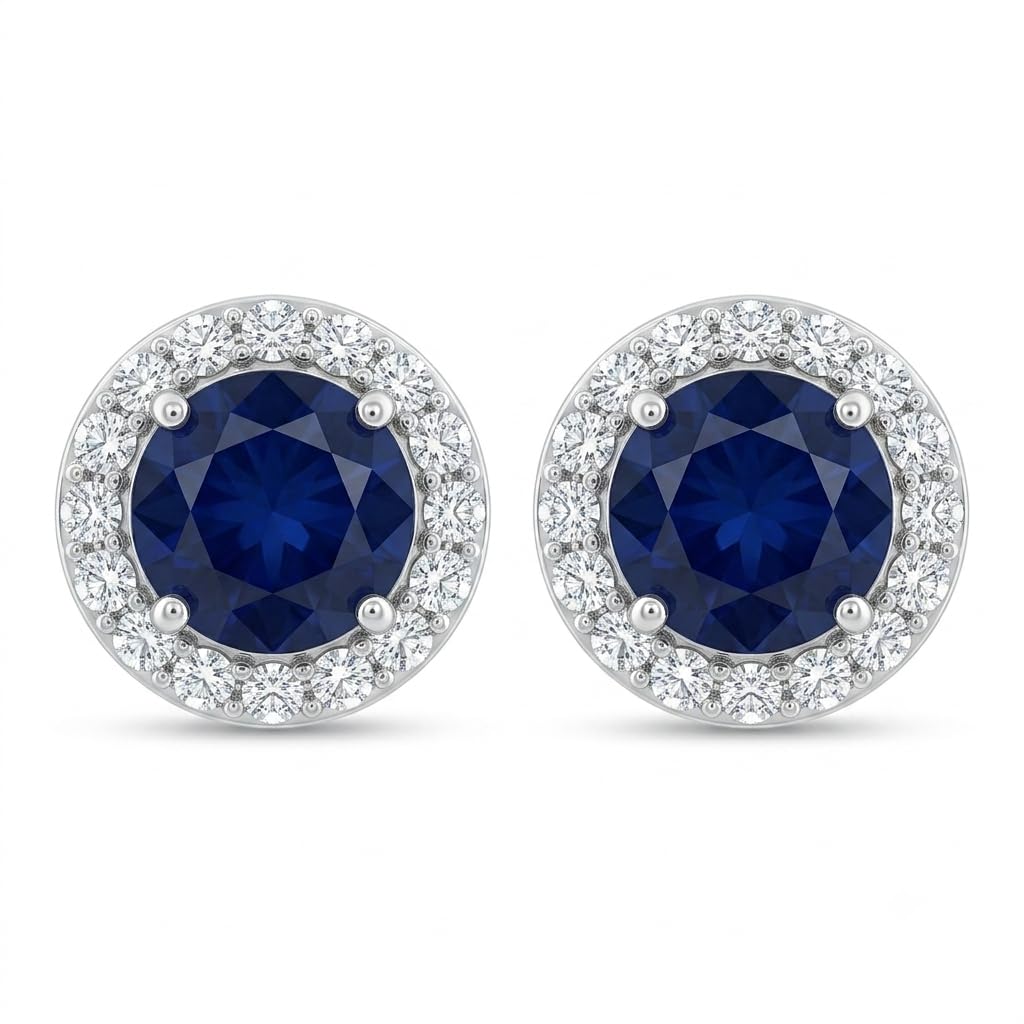 Blue Round Halo Stud Earrings, front product view