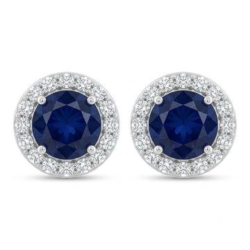 Blue Round Halo Stud Earrings, front product view