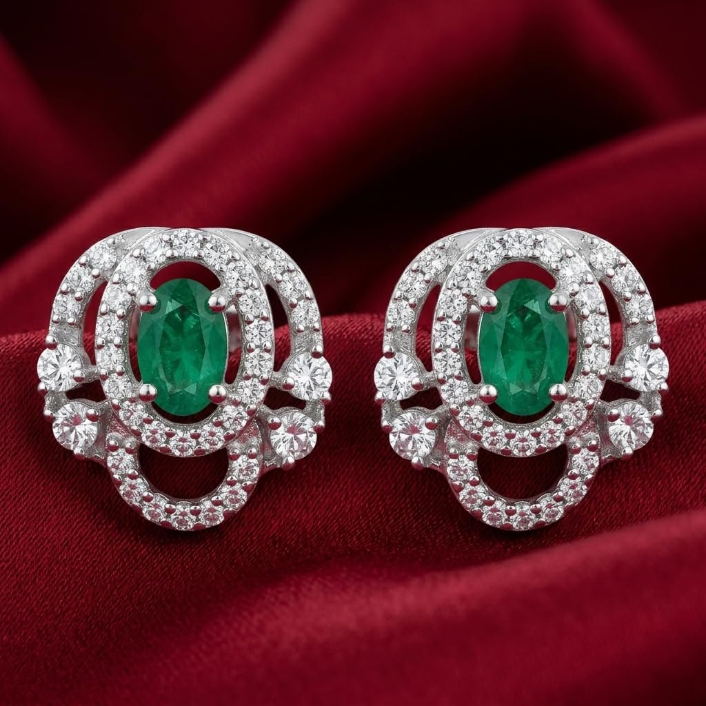 Green Oval Halo Stone-Set Stud Earrings, front product view