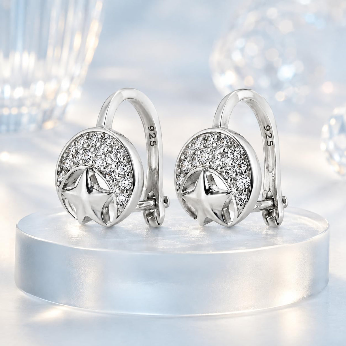 Silvme Moon & Star Drop Earrings with CZ - chandi ki bali drop earrings, 925 silver jewellery gift for girlfriend