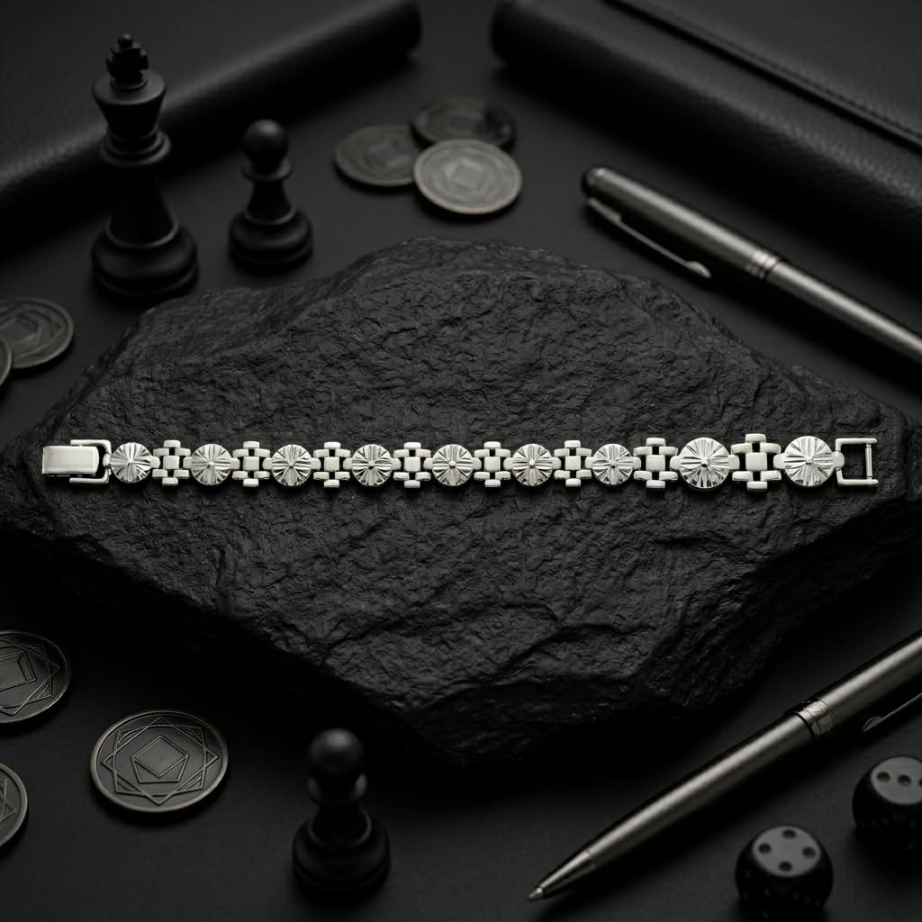 Full length of the floral medallion link bracelet showing its polished silver-tone finish