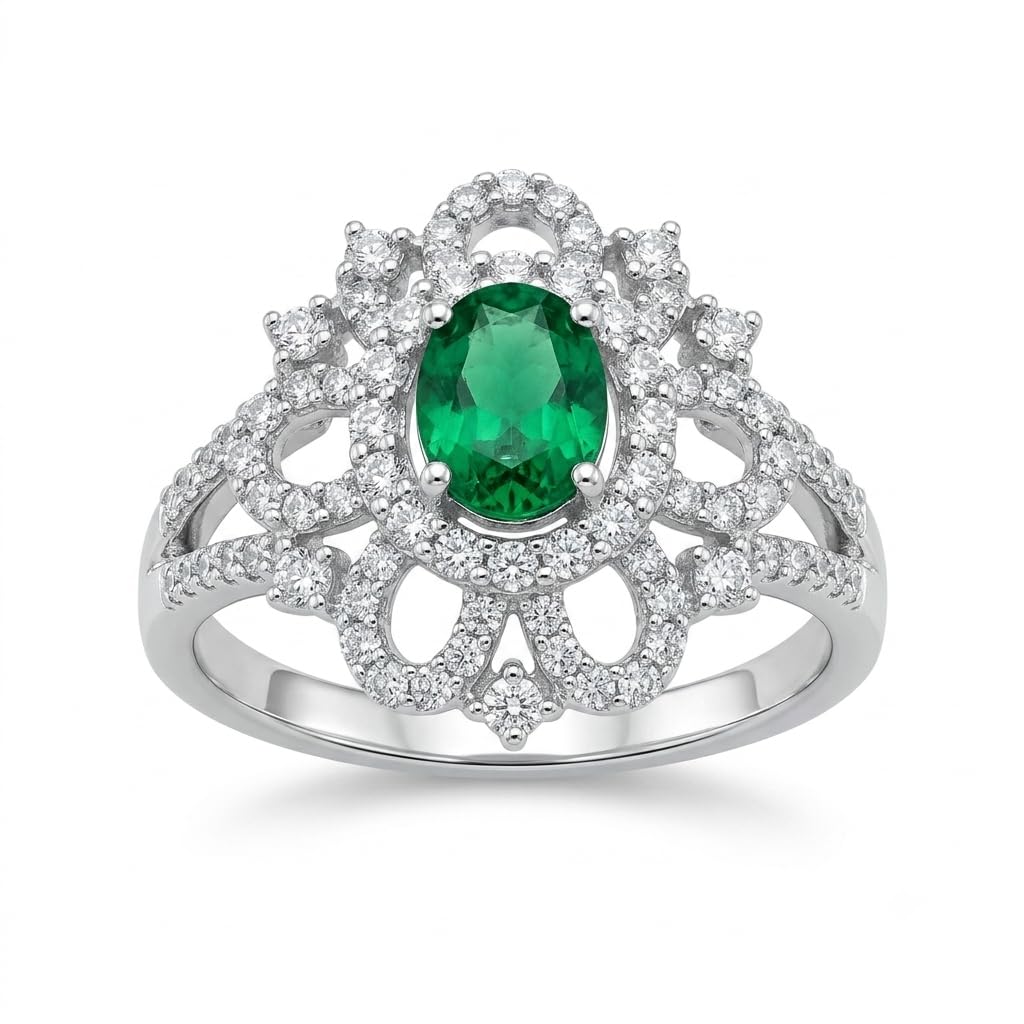 Silvme Green Floral Lace Statement 925 sterling silver ring for women — front view on white background